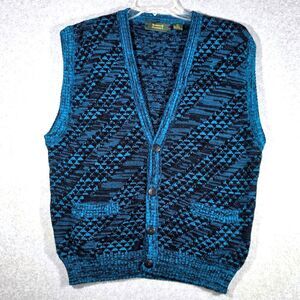 Vintage 80s Harbour Classics Sweater Vest Mens L Teal Black Button Cardigan Knit